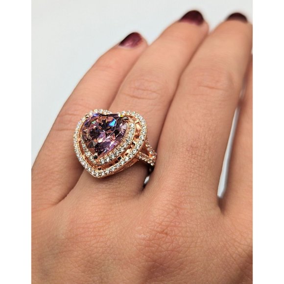 Designer Signed W Sterling Silver 925 Rose Gold Plated Pink Heart Halo Ring Sz 6 - Picture 6 of 12